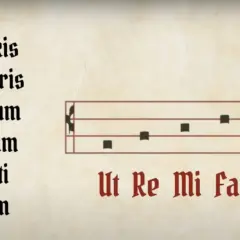 Note musicali antiche con testo latino e pentagramma che illustra le note Ut, Re, Mi, Fa, Sol, La.