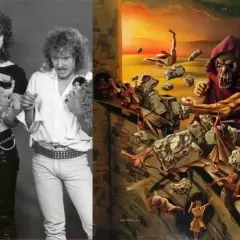 Due immagini affiancate: a sinistra, i membri degli Helloween con look anni '80; a destra, la copertina di "Walls of Jericho" con un demone che distrugge mura.