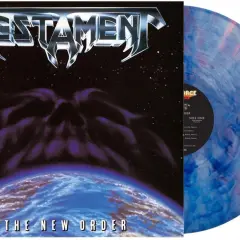 Copertina dell'album di Testament "The New Order" con un pianeta e una figura oscura nello spazio. Vinile marmorizzato blu e rosa.