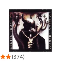 Copertina di "To Mega Therion" dei Celtic Frost: un demone con corna tiene un crocifisso con una figura umana.