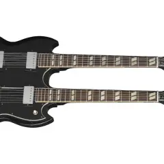 Chitarra doppio manico Gibson nera, una a 6 corde e una a 12 corde, con tastiera in palissandro e segnatasti trapezoidali.