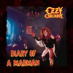 Ozzy Osbourne, con trucco da clown e capelli scompigliati, posa in una stanza buia. Il titolo "Diary of a Madman" è in primo piano.
