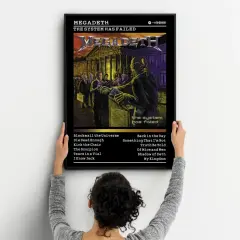 Poster dei Megadeth "The System Has Failed", con un'illustrazione distopica e la lista delle canzoni.