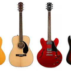 Vari tipi di chitarre acustiche e una elettrica: classica, dreadnought, semi-hollow e stratocaster.