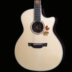 Chitarra acustica Crafter con decorazioni a foglie autunnali. Le opinioni su queste chitarre sono generalmente positive per qualità e suono.