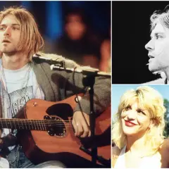 Kurt Cobain, chitarrista Nirvana, con la sua chitarra acustica. In un'altra immagine, il suo profilo in bianco e nero. Infine, con Courtney Love.