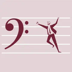 La chiave di fa pianoforte, con un uomo stilizzato che corre festante sulle note musicali.
