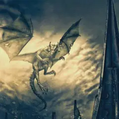 Un drago sorvola il **keep of Kalessin**, con una luna sullo sfondo e torri appuntite.