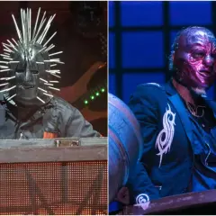 Craig Jones degli Slipknot con maschera a spuntoni e poi con maschera viola.