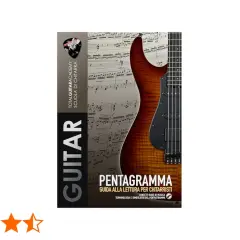 Copertina di "Pentagramma: Guida alla lettura per chitarristi" con chitarra e spartito musicale.