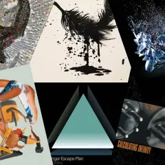 Collage di copertine di album, tra cui un polpo, una piuma nera, vetri infranti e un circuito elettronico con la scritta "The Dillinger Escape Plan".