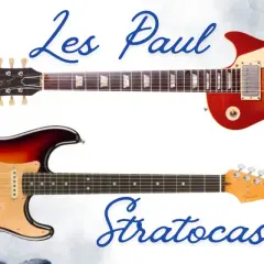 Due chitarre iconiche: una Gibson Les Paul rossa e arancione e una Fender Stratocaster sunburst.
