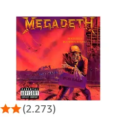 Copertina album Megadeth "Peace Sells... But Who's Buying?". Scheletro in giacca e cravatta con cartello "FOR SALE".