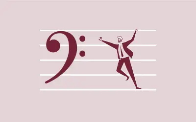 La chiave di fa pianoforte, con un uomo stilizzato che corre festante sulle note musicali.