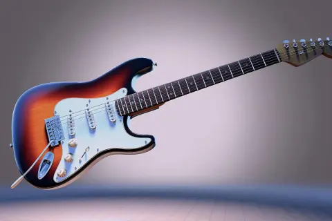 Chitarra elettrica sunburst con sei corde, pronta per suonare.