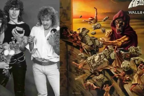 Due immagini affiancate: a sinistra, i membri degli Helloween con look anni '80; a destra, la copertina di "Walls of Jericho" con un demone che distrugge mura.