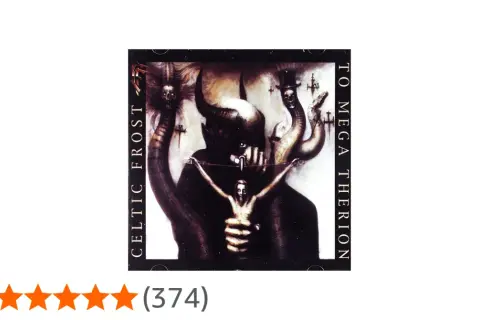 Copertina di "To Mega Therion" dei Celtic Frost: un demone con corna tiene un crocifisso con una figura umana.