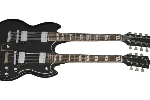 Chitarra doppio manico Gibson nera, una a 6 corde e una a 12 corde, con tastiera in palissandro e segnatasti trapezoidali.