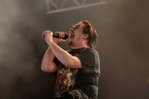 Cantante con microfono, la sua espressione è intensa, quasi un'ombra di intento.