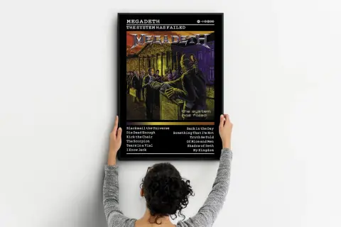 Poster dei Megadeth "The System Has Failed", con un'illustrazione distopica e la lista delle canzoni.
