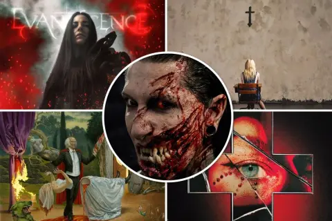 Collage di immagini horror: Evanescence, un volto insanguinato, una ragazza davanti a una croce, un dipinto surreale e un occhio in una croce. Recensioni di plastic.