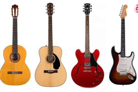 Vari tipi di chitarre acustiche e una elettrica: classica, dreadnought, semi-hollow e stratocaster.