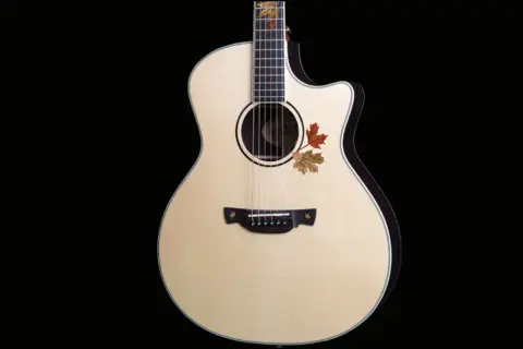 Chitarra acustica Crafter con decorazioni a foglie autunnali. Le opinioni su queste chitarre sono generalmente positive per qualità e suono.