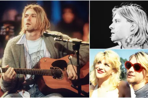 Kurt Cobain, chitarrista Nirvana, con la sua chitarra acustica. In un'altra immagine, il suo profilo in bianco e nero. Infine, con Courtney Love.
