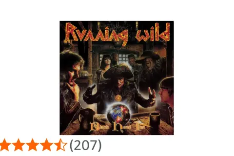 Copertina dell'album "Black Hand Inn" della band Running Wild, con un pirata al centro che tiene in mano un globo terrestre.