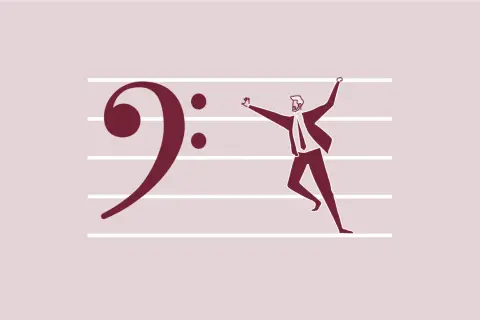 La chiave di fa pianoforte, con un uomo stilizzato che corre festante sulle note musicali.
