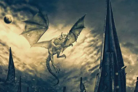Un drago sorvola il **keep of Kalessin**, con una luna sullo sfondo e torri appuntite.