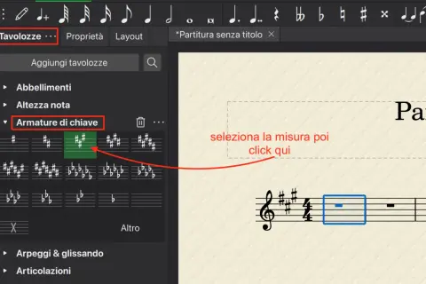 Interfaccia per selezionare l'insieme di diesis o bemolle a inizio pentagramma. L'opzione "Armature di chiave" è evidenziata.