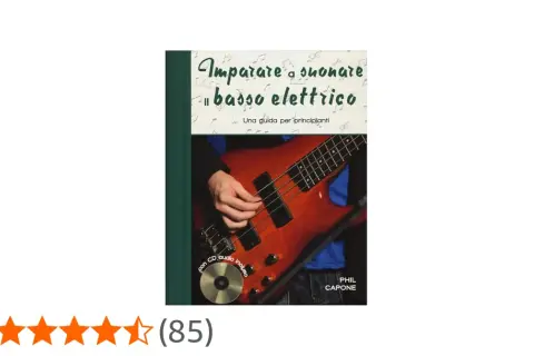 Copertina di un libro per imparare a suonare il basso elettrico, con un primo piano di mani su uno strumento e un CD audio incluso.