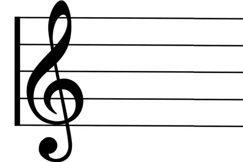 Chiave di violino nera su pentagramma bianco. La nota è posizionata sul pentagramma, pronta per la melodia.