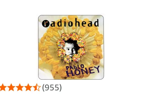 Copertina di "Pablo Honey" dei Radiohead, con un bambino al centro di un fiore giallo, circondato da palline colorate.