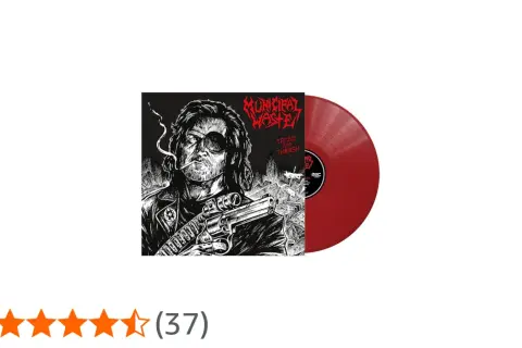 Vinile rosso di Municipal Waste, copertina con disegno di un uomo con benda sull'occhio e pistola, stile thrash metal.