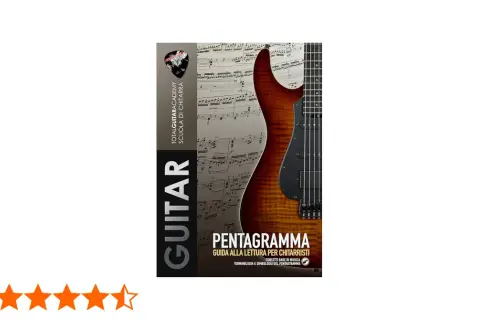 Copertina di "Pentagramma: Guida alla lettura per chitarristi" con chitarra e spartito musicale.