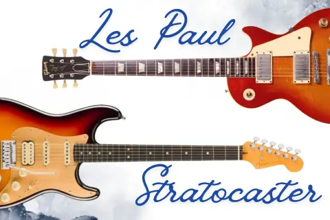 Due chitarre iconiche: una Gibson Les Paul rossa e arancione e una Fender Stratocaster sunburst.