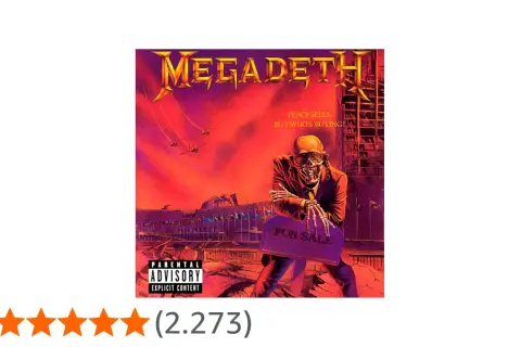 Copertina album Megadeth "Peace Sells... But Who's Buying?". Scheletro in giacca e cravatta con cartello "FOR SALE".