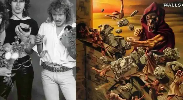 Due immagini affiancate: a sinistra, i membri degli Helloween con look anni '80; a destra, la copertina di "Walls of Jericho" con un demone che distrugge mura.