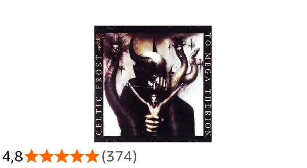 Copertina di "To Mega Therion" dei Celtic Frost: un demone con corna tiene un crocifisso con una figura umana.