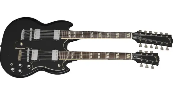 Chitarra doppio manico Gibson nera, una a 6 corde e una a 12 corde, con tastiera in palissandro e segnatasti trapezoidali.