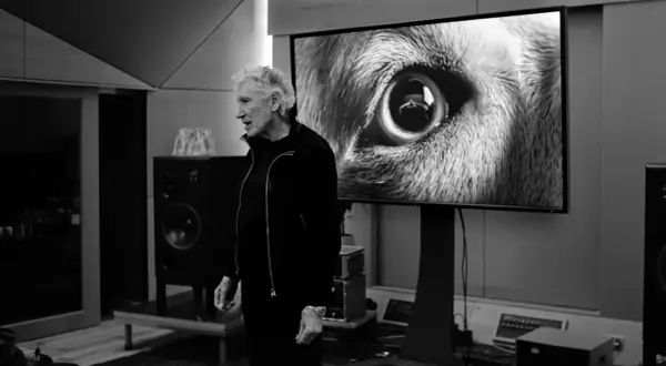 Roger Waters, con un'espressione divertita, osserva un primo piano di un occhio di lupo su uno schermo, forse ispirato da "amused to death".