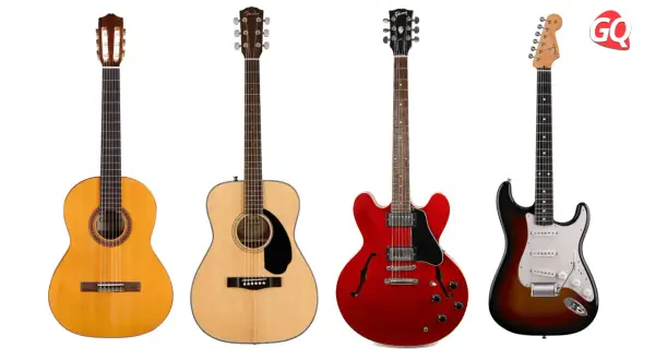 Vari tipi di chitarre acustiche e una elettrica: classica, dreadnought, semi-hollow e stratocaster.
