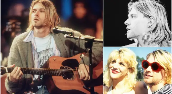 Kurt Cobain, chitarrista Nirvana, con la sua chitarra acustica. In un'altra immagine, il suo profilo in bianco e nero. Infine, con Courtney Love.