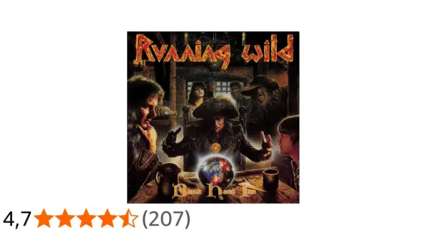 Copertina dell'album "Black Hand Inn" della band Running Wild, con un pirata al centro che tiene in mano un globo terrestre.