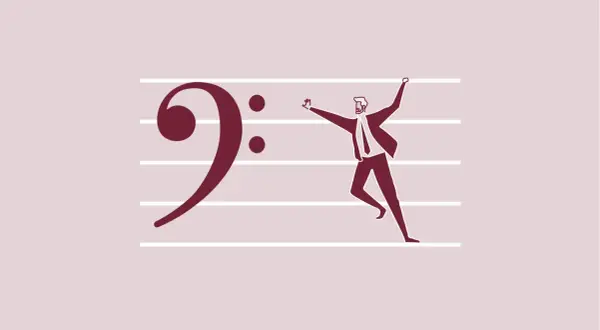 La chiave di fa pianoforte, con un uomo stilizzato che corre festante sulle note musicali.