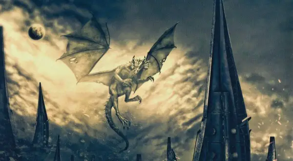 Un drago sorvola il **keep of Kalessin**, con una luna sullo sfondo e torri appuntite.