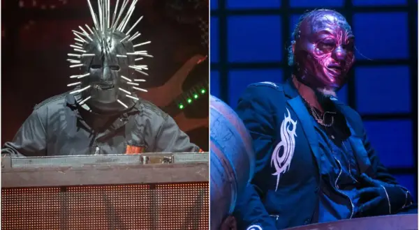 Craig Jones degli Slipknot con maschera a spuntoni e poi con maschera viola.