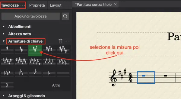 Interfaccia per selezionare l'insieme di diesis o bemolle a inizio pentagramma. L'opzione "Armature di chiave" è evidenziata.